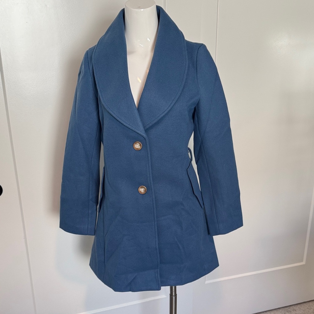 Allegra K Women's Blue Pea Coat with Gold Buttons